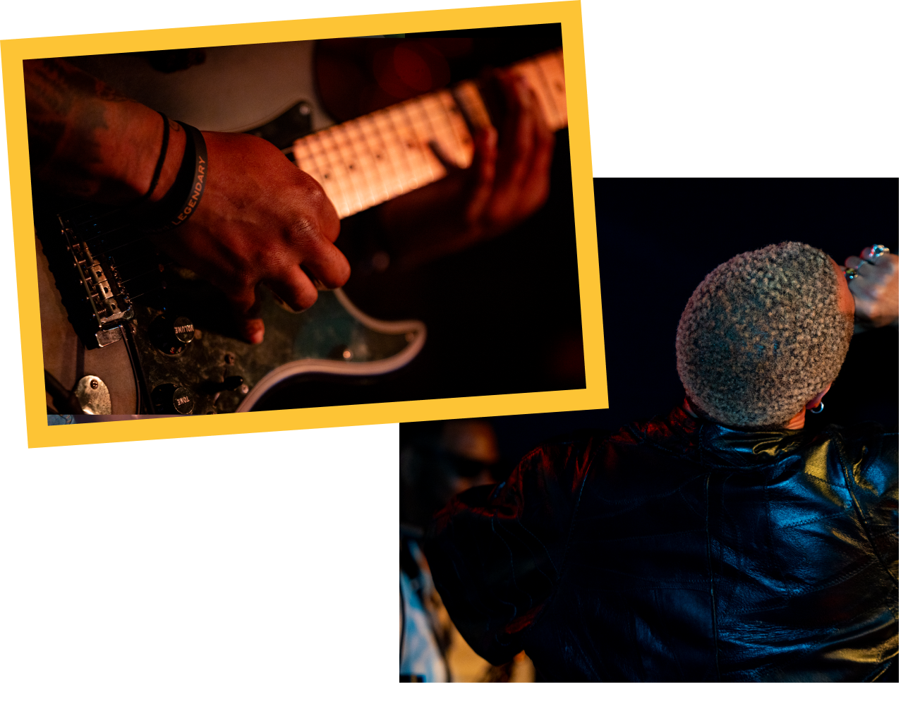 Close-up of a person's hand playing an electric guitar, with tattoos and a black wristband that reads 'LEGENDARY'.