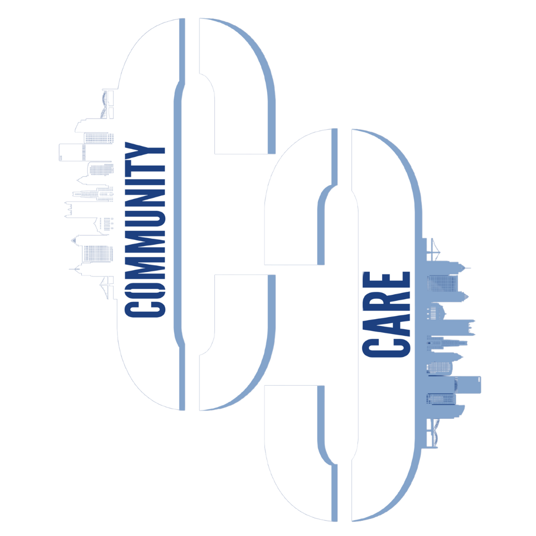 Text reading 'Community Care' on a stylized cityscape background.