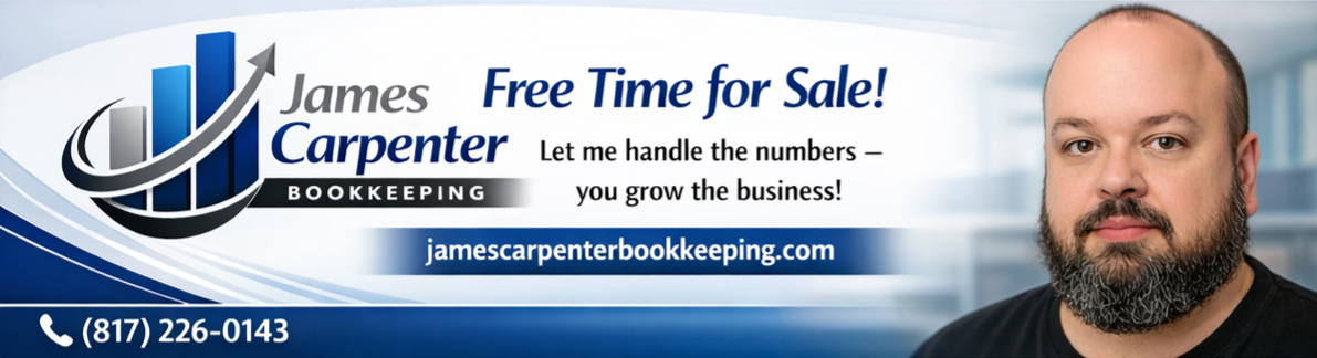Business advertisement banner for James Carpenter Bookkeeping featuring James himself, business logo, contact information, and a promotional message for free bookkeeping consultation.