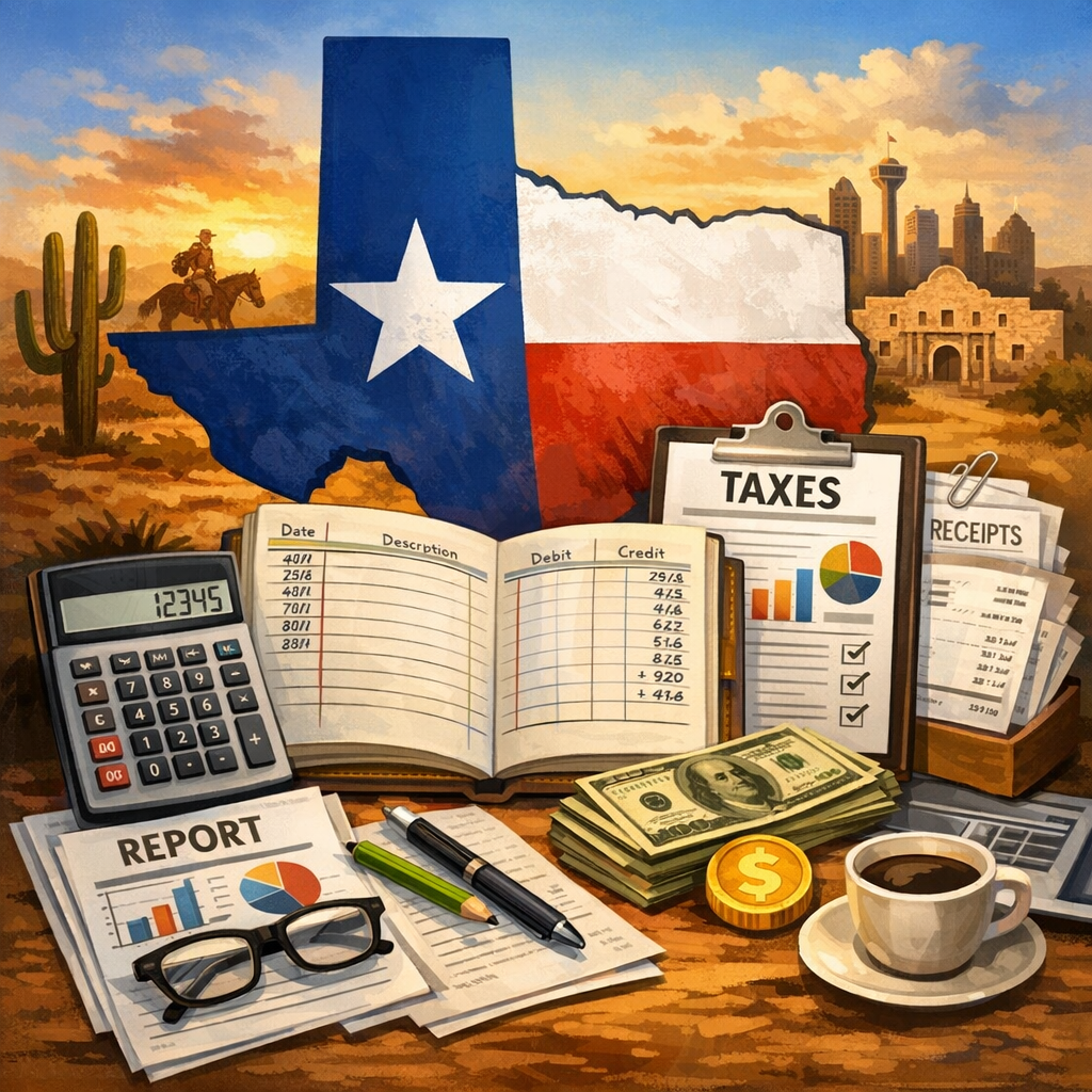 A desk with financial documents, a calculator, glasses, pens, stacks of cash, a coffee cup, and a gold coin featuring a dollar sign, with a Texas-shaped flag and a sunset background.