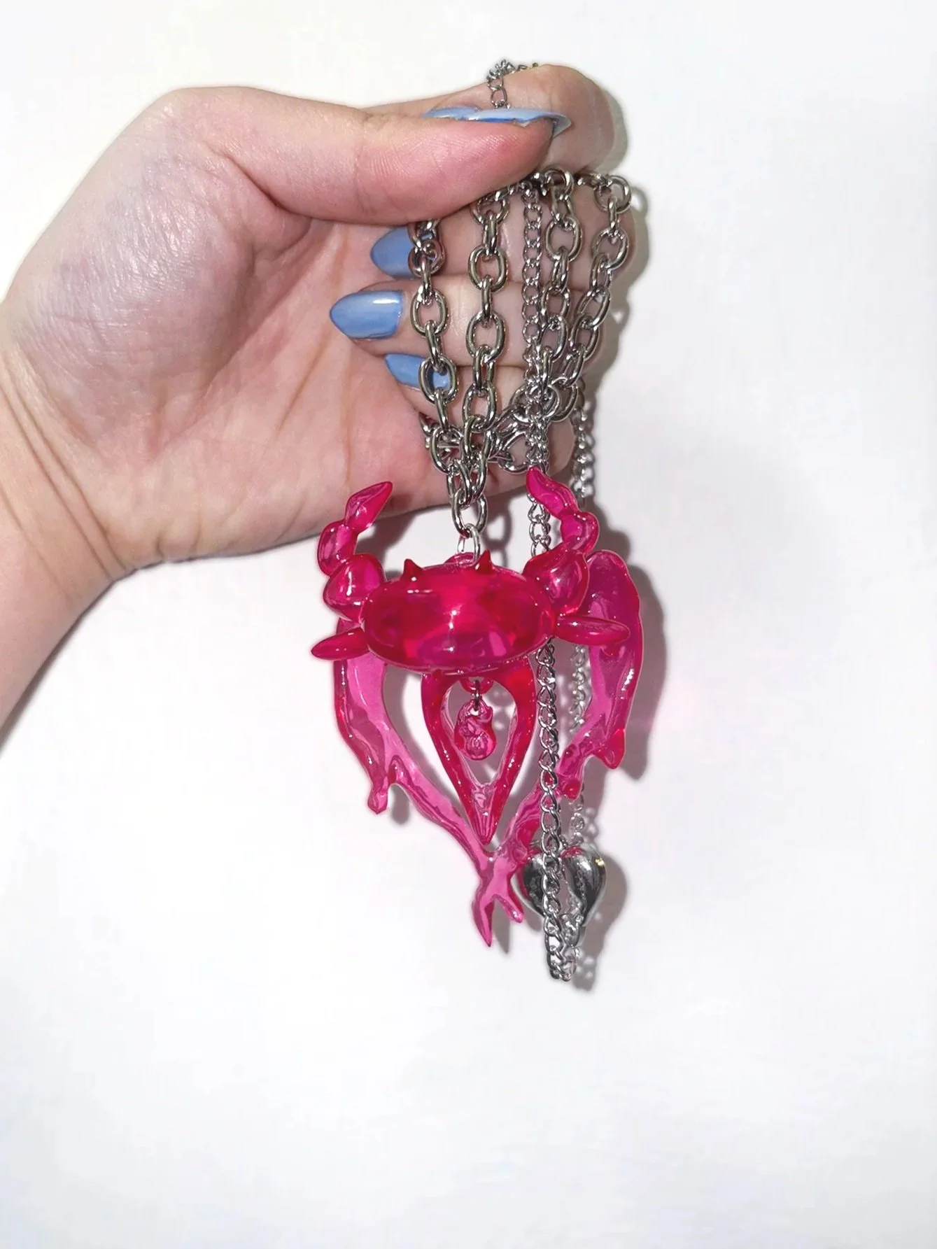 Pink Jelly Flaming Heart Demon Metal Chain Necklace