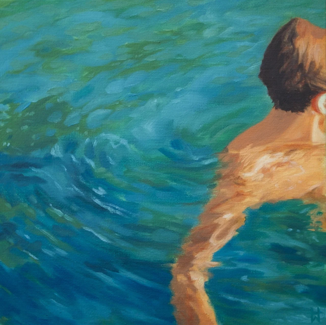 a quick dip, oil on canvas board, 8 x 8"