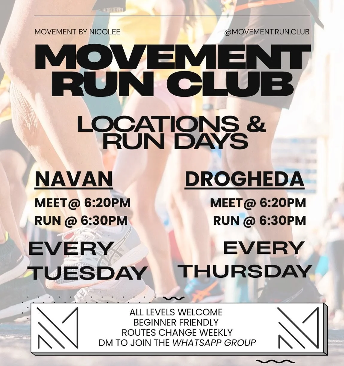 Movement Run Club is officially here 🏃&zwj;♀️✨

We&rsquo;re starting weekly evening runs in Navan (Tuesdays) and Drogheda (Thursdays) - open to all levels, whether you&rsquo;re brand new to running or already consistent.

⏰ Meet: 6:20PM
🏃&zwj;♀️ Ru