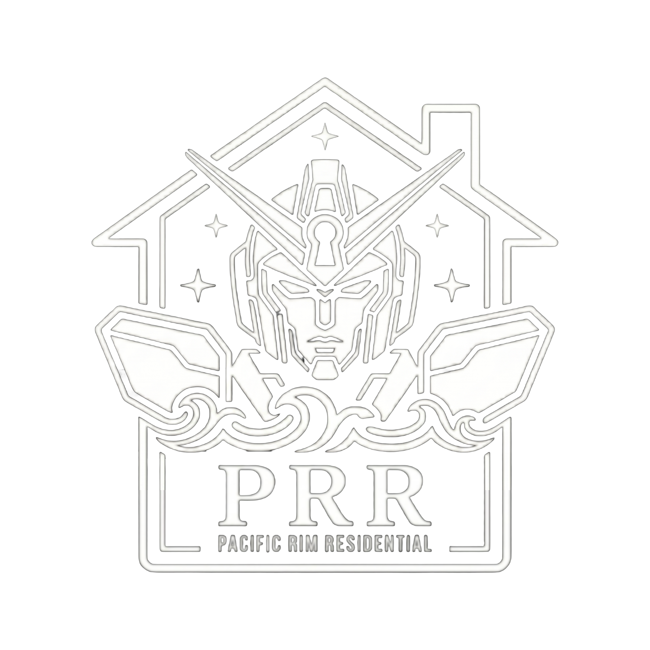 Design featuring a futuristic robot and 5 stars encompassed inside a house. Waves separate the robot and text reading "PRR", an acronym for "PACIFIC RIM RESIDENTIAL".