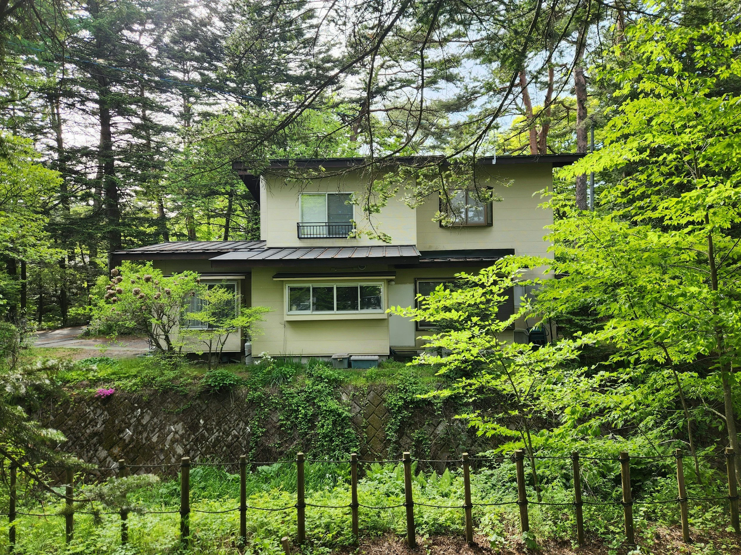 A house surrounded by lush green trees and plants, with a small garden area in the foreground and a wooden fence at the bottom.
