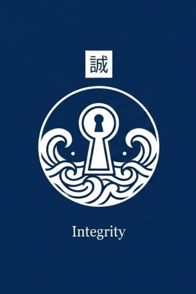 An illustration of a keyhole surrounded by water waves, with a Japanese character above it, and the word 'Integrity' below.