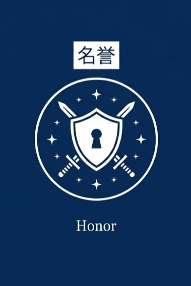 Blue background with a white shield, two swords, and stars. Japanese characters above and the word "Honor" below.