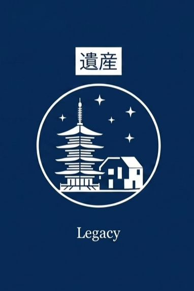 A logo featuring a pagoda, stars, and a house within a circle on a dark blue background, with Japanese characters at the top and the word "Legacy" at the bottom.