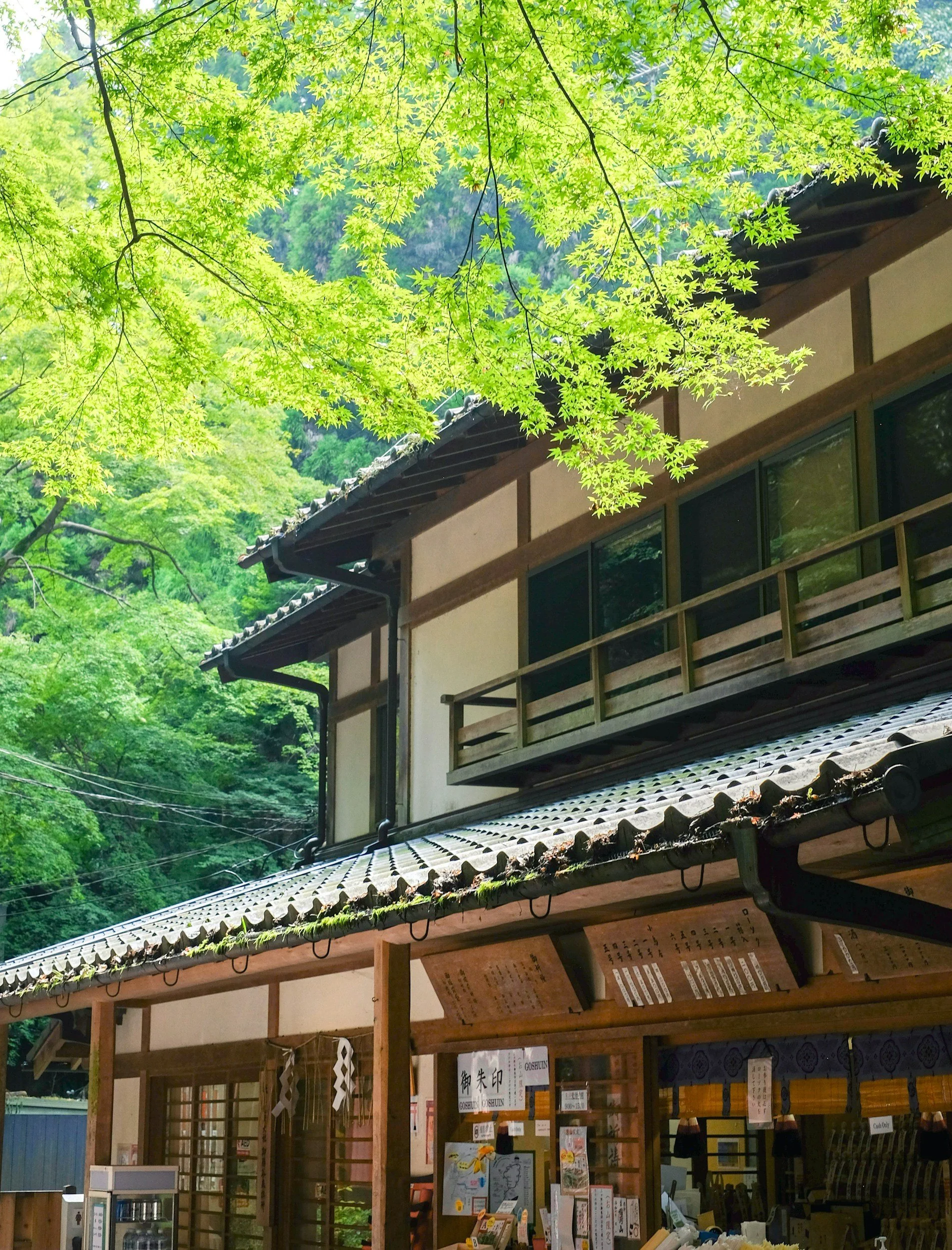 A traditional Japanese wooden building with a sloped tile roof, surrounded by lush green foliage from trees.