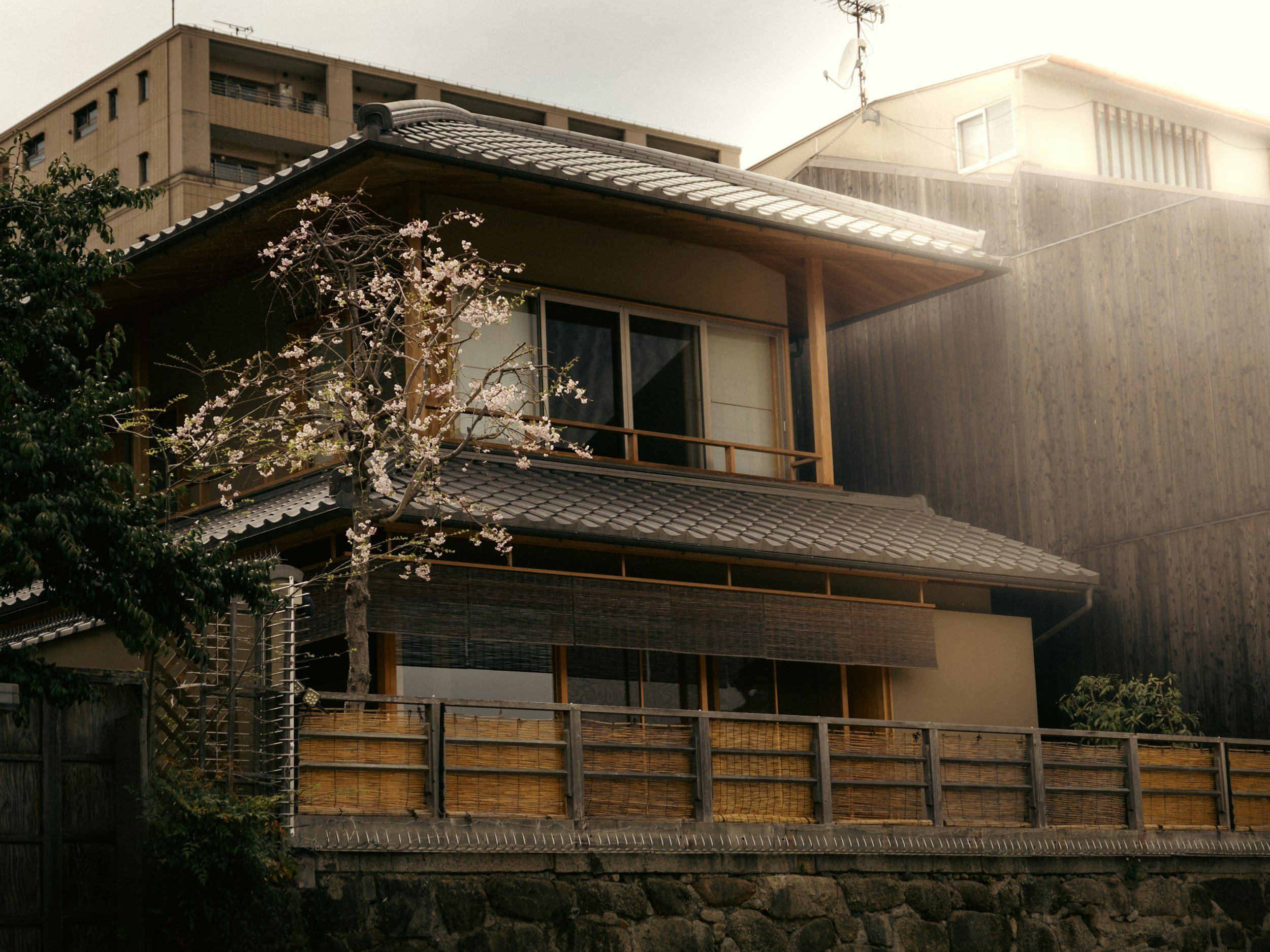 A multi-story house with traditional Japanese-style tiled roof, wooden accents, and a balcony, bordered by a cherry blossom tree and a wooden fence, with a multi-story building and utility poles in the background