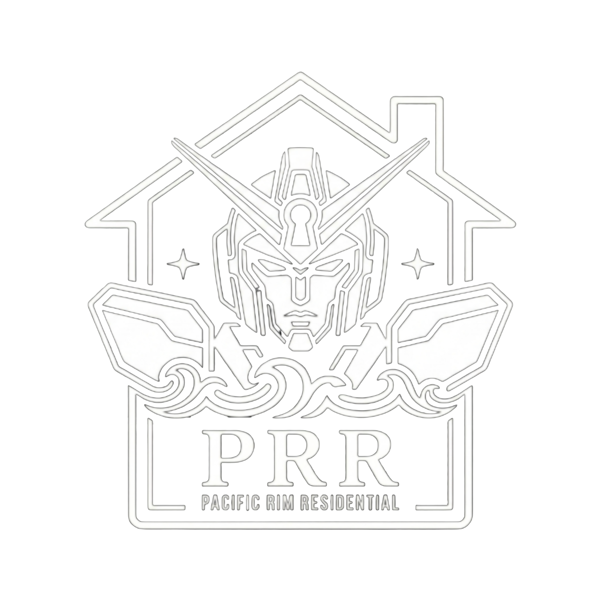Stylized logo featuring a mecha robot with a helmet and facial expression, within a house outline. Below, the text reads "PRR," and underneath it says "Pacific Rim Residential."