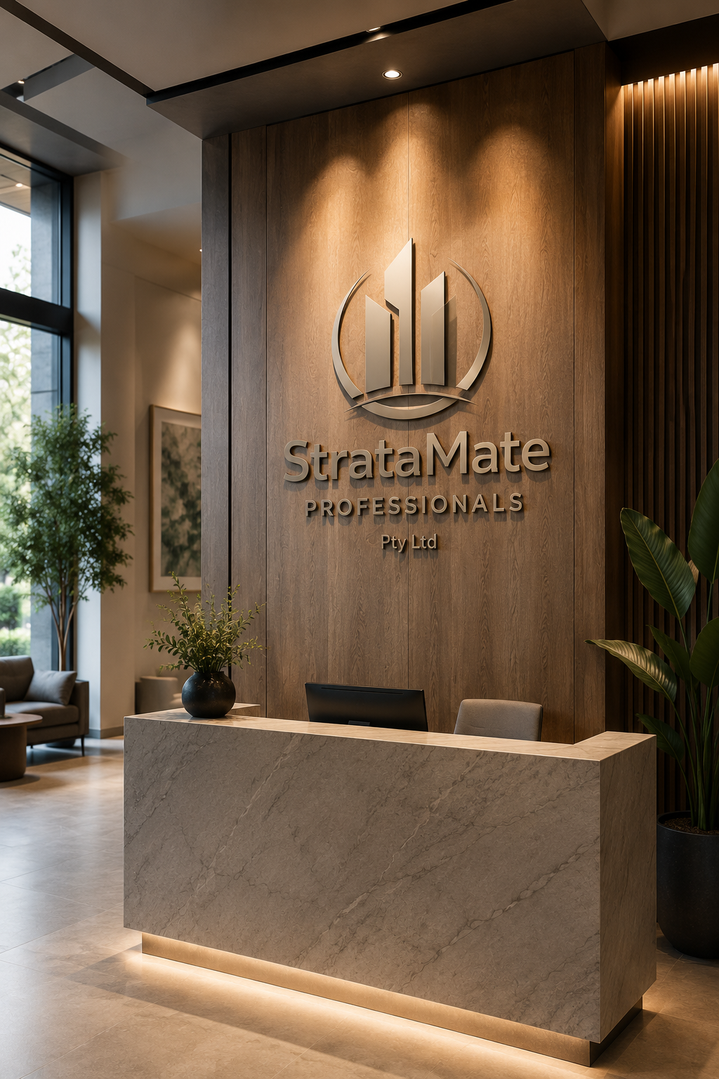Reception area with a marble desk, a potted plant, and a wooden wall with the StrataMate Professionals logo.