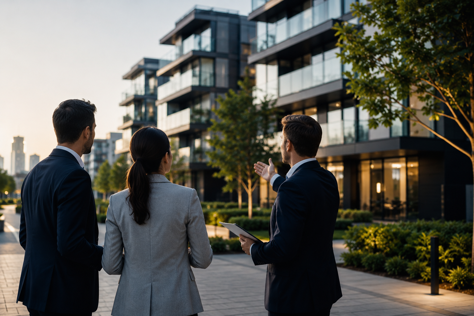 Three people in business attire having a conversation outside a modern apartment or office building during sunset.