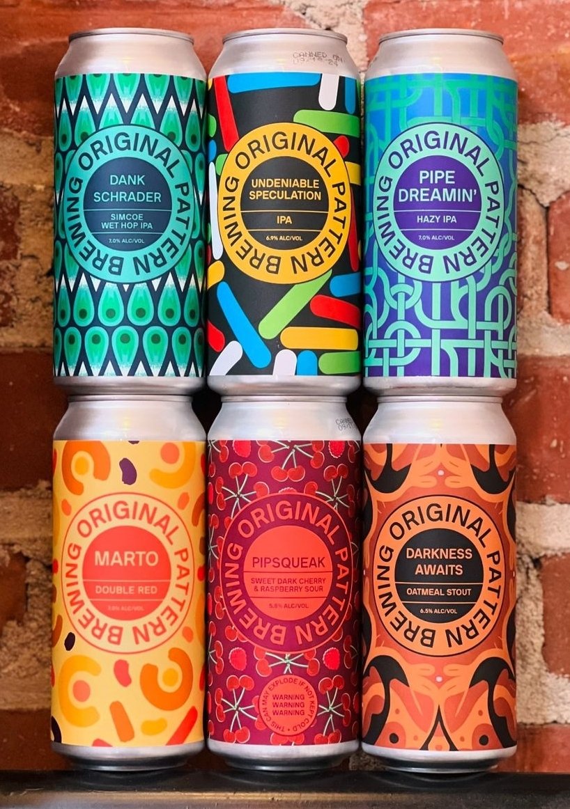 Six colorful beer cans with unique patterns and branding from Original Pattern Brewing, each showcasing different beer varieties.
