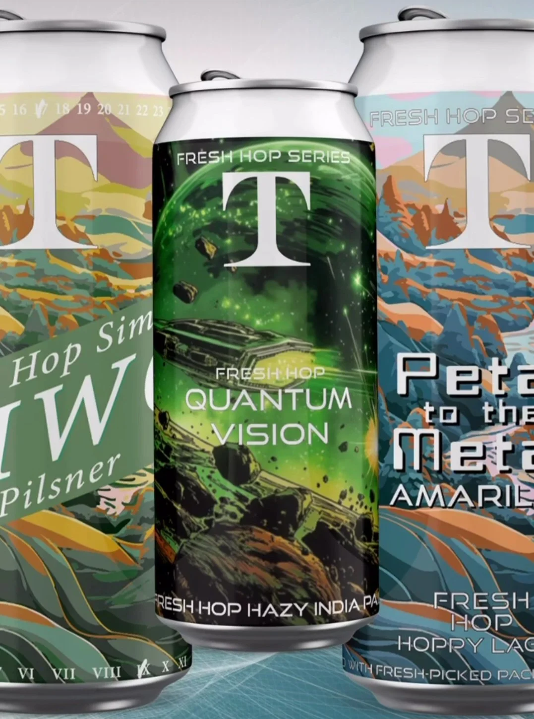 Three beer cans from a Fresh Hop Series, featuring designs for "IW" Pilsner, "Quantum Vision" Hazy India Pale Ale, and "Pedal to the Metal" Amarillo Hoppy Lager.