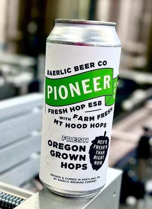 Beer can from Baerlic Beer Co labeled "Pioneer" Fresh Hop ESB with Mt. Hood hops, brewed in Portland, Oregon.