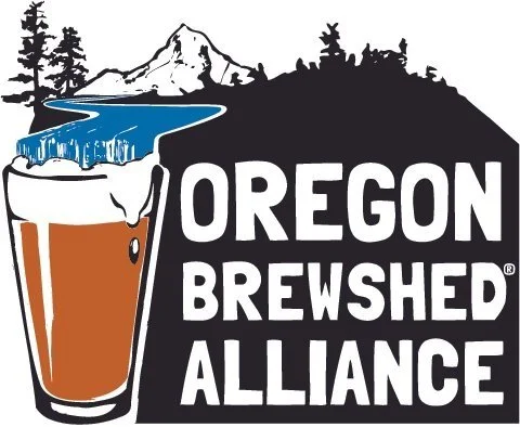 Logo of Oregon Brewshed Alliance featuring a mountain, river, waterfall, trees, and a beer glass.
