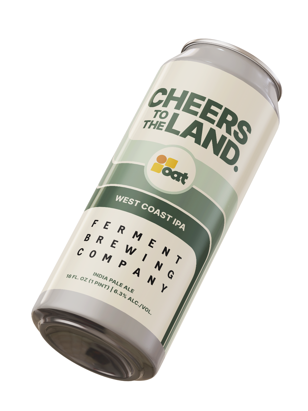 A can of West Coast IPA from Ferment Brewing Company, labeled "Cheers to the Land." It contains 16 fl. oz (1 pint) with 6.3% alcohol by volume (ALC./VOL).