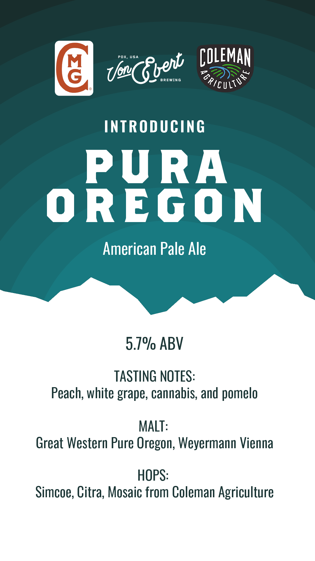 Beer label for 'Pura Oregon' by Von Ebert Brewing, detailing 5.7% ABV, tasting notes of peach, white grape, cannabis, and pomelo, with malts from Great Western Pure Oregon and Weyermann Vienna, and hops including Simcoe, Citra, Mosaic from Coleman Agriculture.