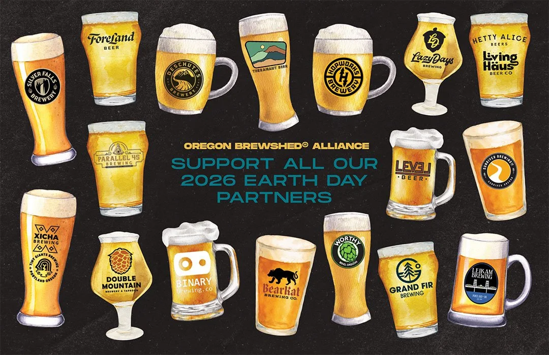 Illustration of various beer glasses and mugs with logos from Oregon breweries, supporting Oregon Brewers Guild's Earth Day Partners, against a black background.