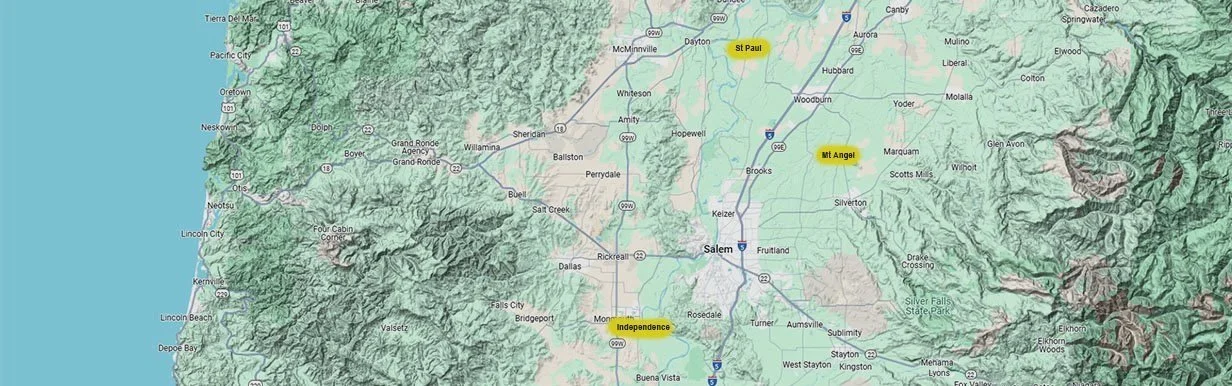 Map showing parts of Oregon including Salem, St. Paul, and Mt. Angel, with geographical features and highways.