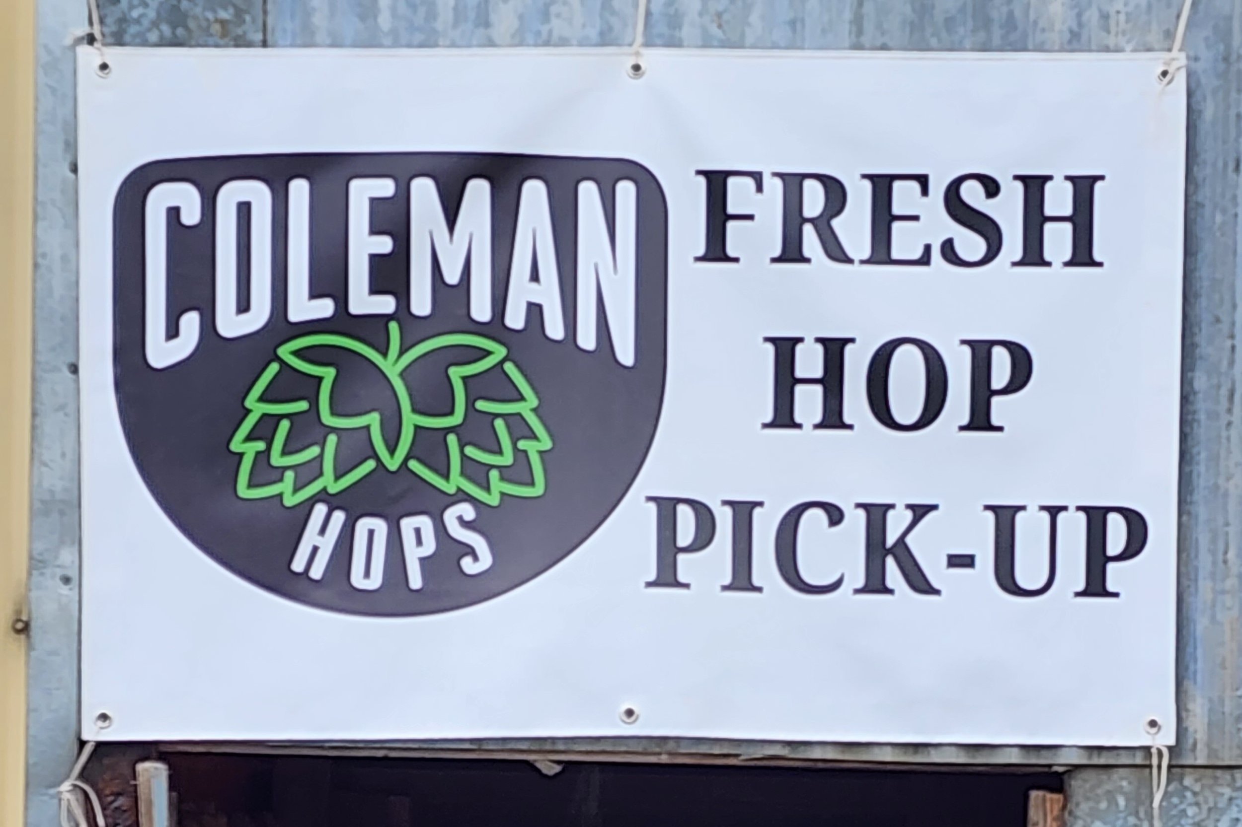 Banner reading "COLEMAN HOPS FRESH HOP PICK-UP" with a logo featuring green hop leaves.