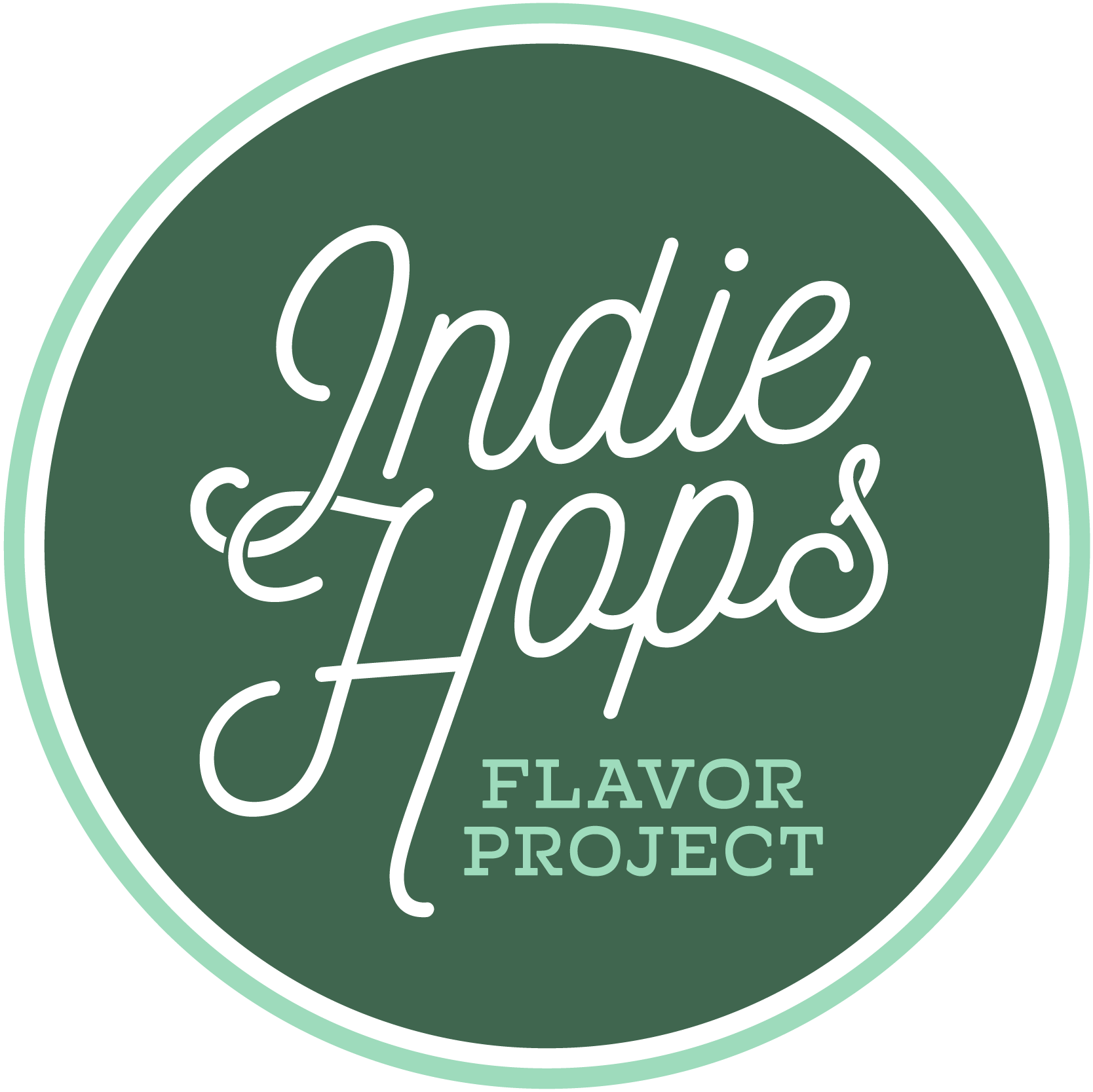 "Indie Hops Flavor Project" logo in white script on a dark green circle with light green border.