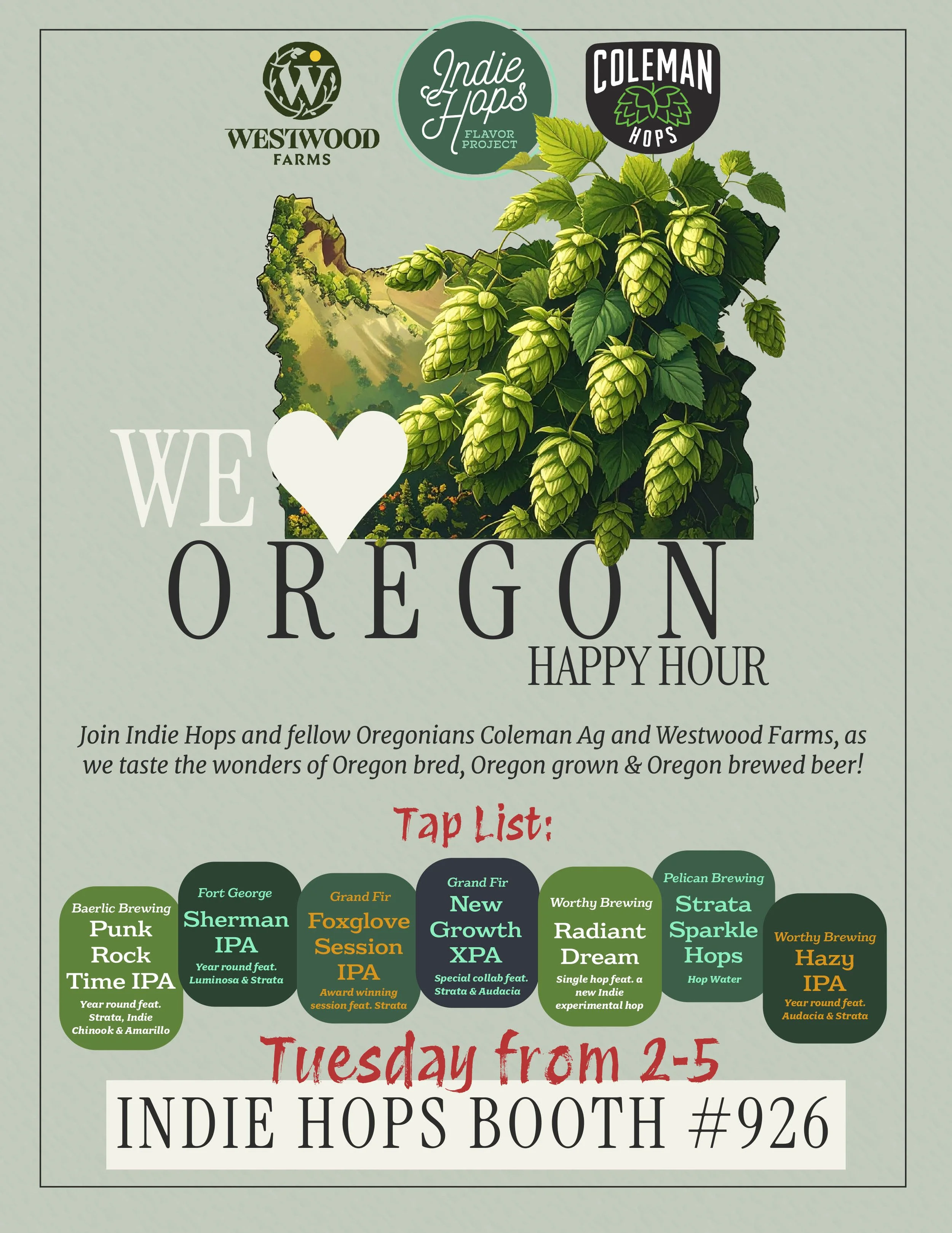 Poster advertising Oregon beer tasting event featuring Westwood Farms, Indie Hops, Coleman Hops, and various local breweries with a hop plant illustration and a map of Oregon.