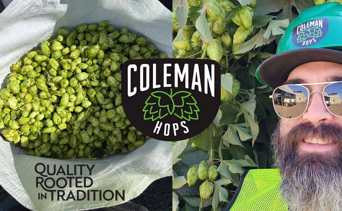 A split image showing fresh hops on the left with a label that says 'Quality Rooted in Tradition,' and a man in a green helmet and sunglasses taking a selfie in a hop field on the right. The logo 'Coleman Hops' is displayed prominently in the center.
