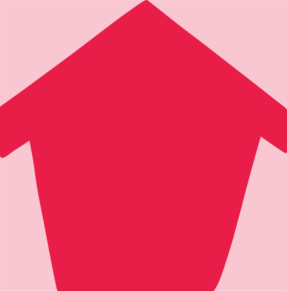 A large red home on a light pink background.