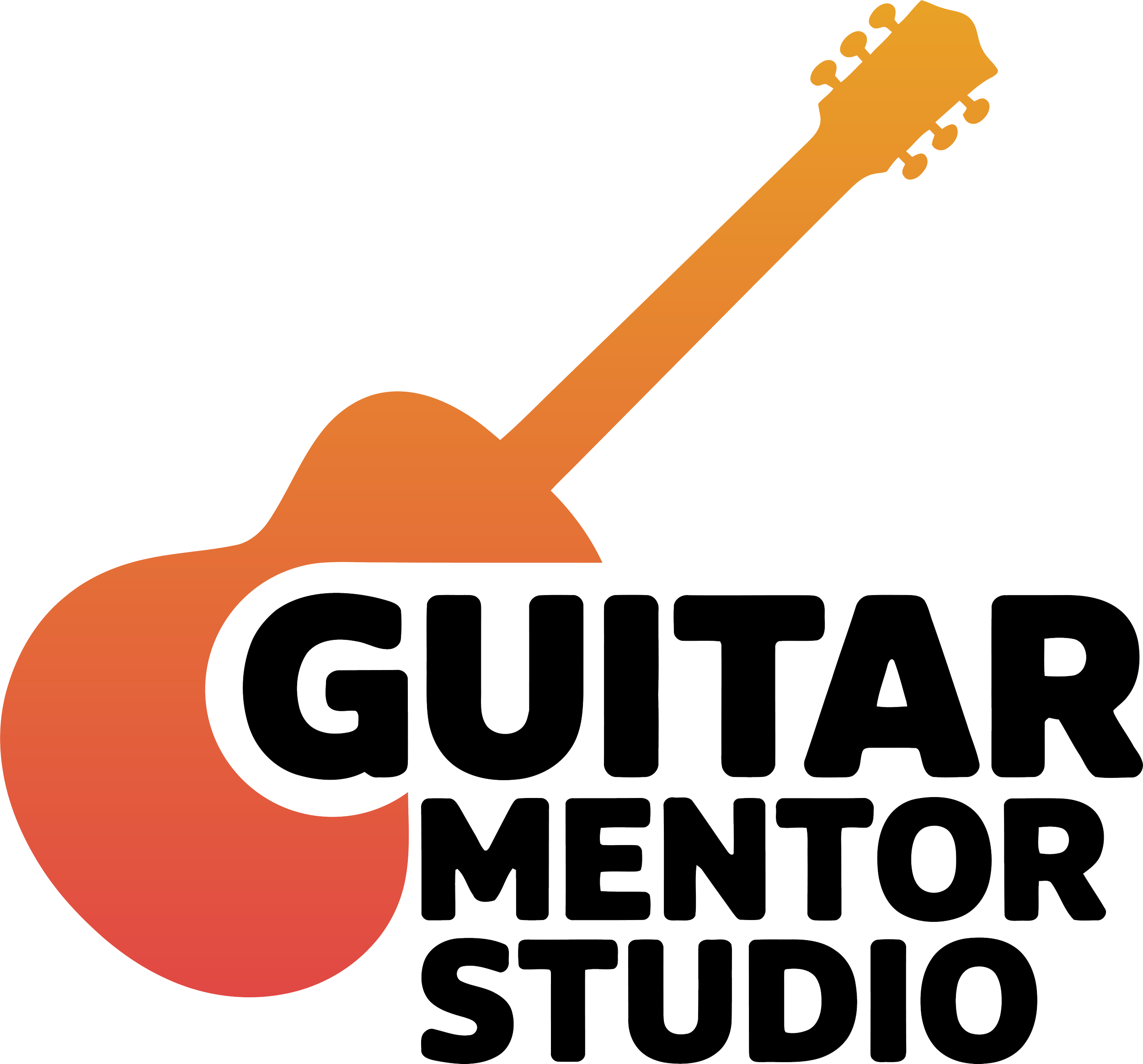 A logo with a stylized orange guitar neck and headstock, combined with black text reading 'Guitar Studio'.