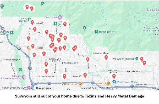 Map of Pasadena with numerous red markers indicating locations affected by Toxins and Heavy Metal Damage, as noted by the headline.