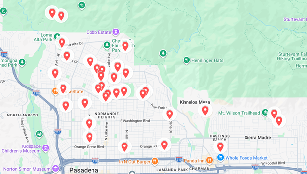 Map of Altadena, Pasadena with numerous red location markers. Key areas include those areas in which survivors are still displaced from their standing structures