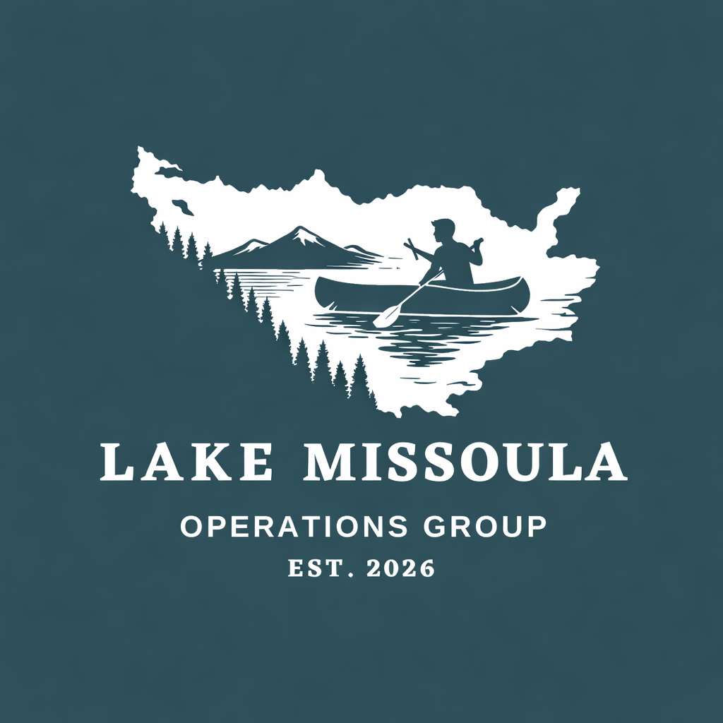 A graphic illustration of a person paddling a canoe on Lake Missoula, with mountains and trees in the background, inside an outline of the state of Montana. The text reads 'Lake Missoula Operations Group Est. 2026'.