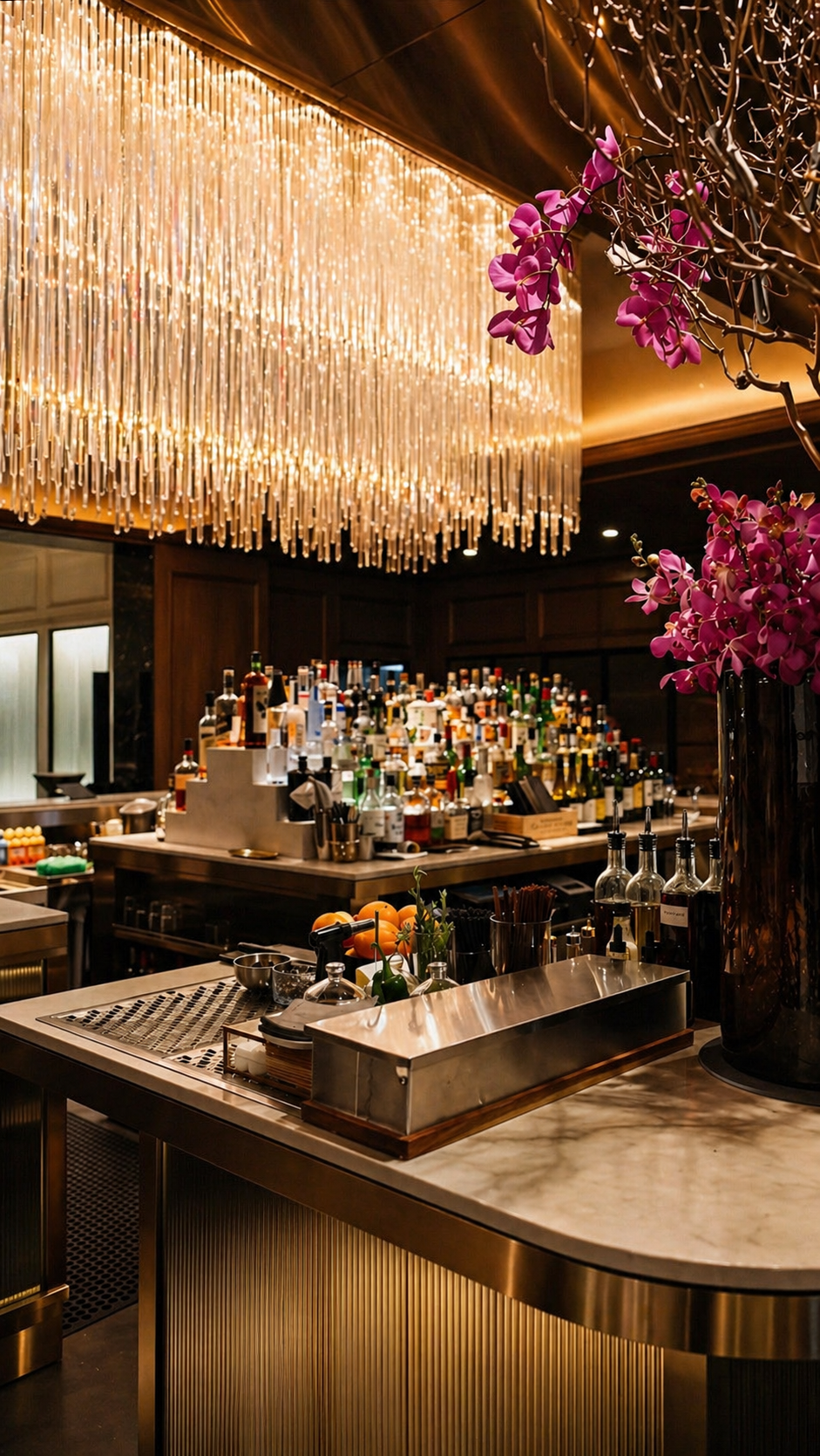Elegant bar with a modern chandelier, pink orchids, and an array of liquor bottles on shelves.