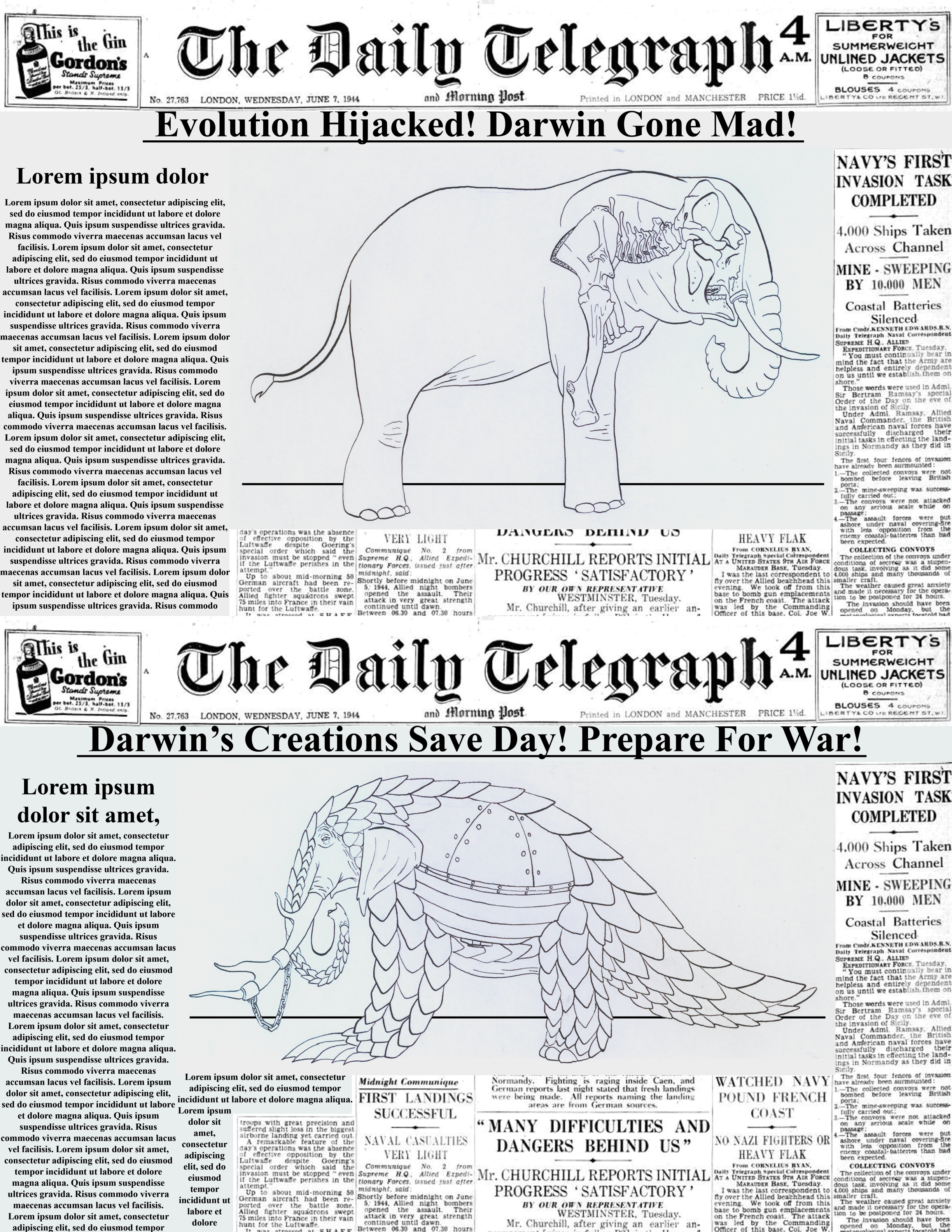 A mock newspaper showing an ink drawing of an elephant with and x-ray view at it's skull and next bones. Below it another mock newspaper showing an elephant fused with a pangolin and metal caring spaces fused to its sides.
