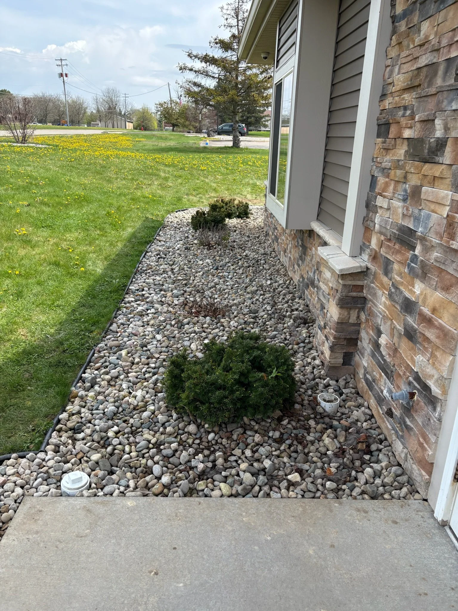 View of a house siding and stone wall with landscaping, rocks, small plants, and a patch of grass outside.