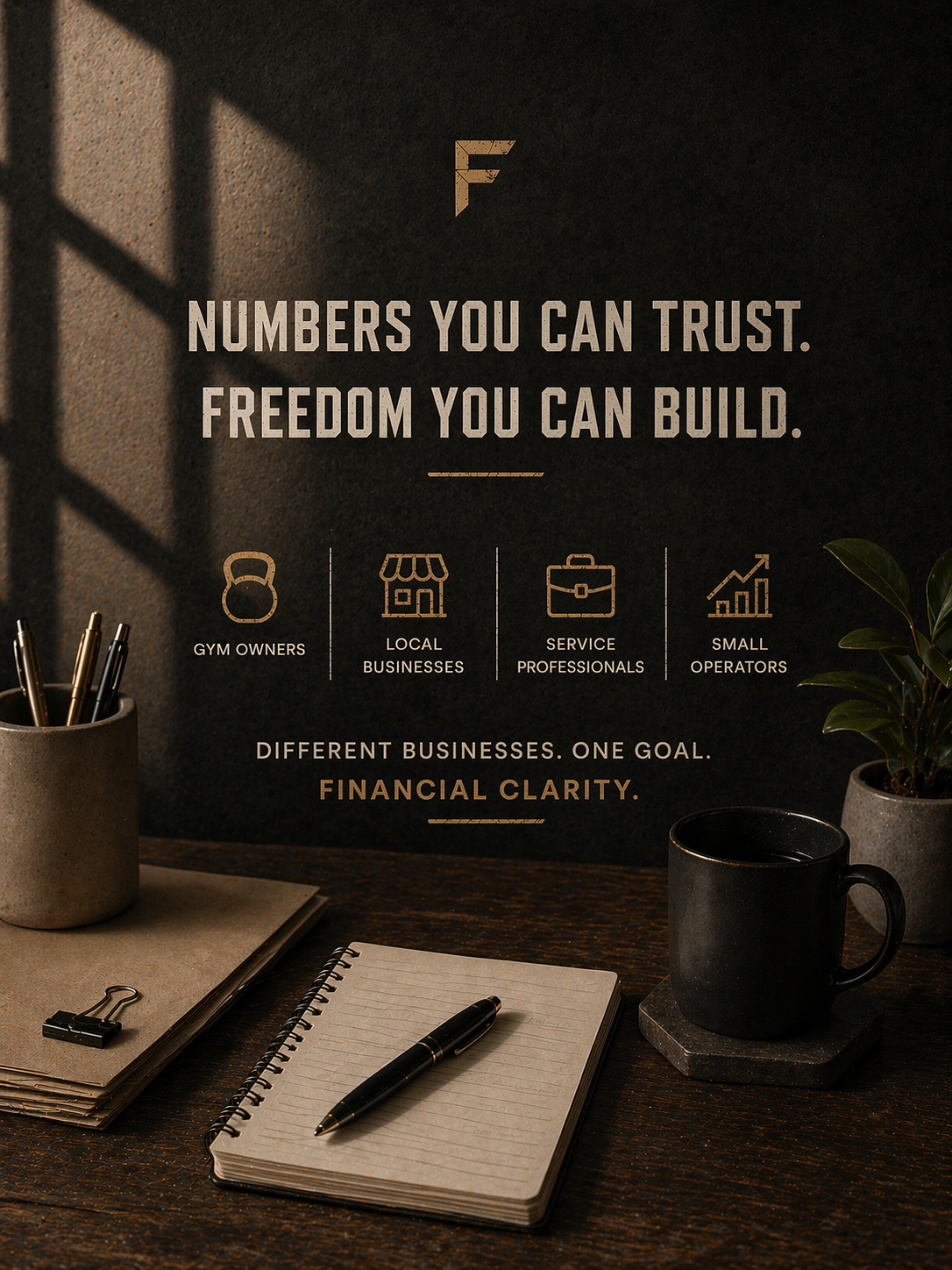 An office desk with a notepad and pen, a coffee mug on a coaster, a potted plant, pencil holder with pens, and a black binder clip. A wall in the background displays a motivational message about trust and freedom in business.