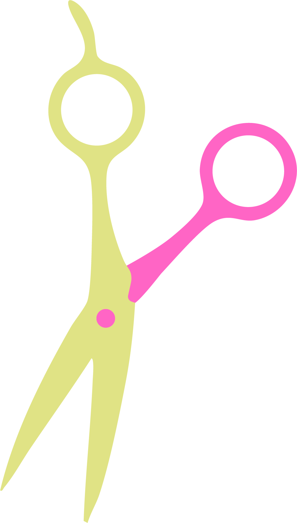 Illustration of a pair of scissors with green blades and pink handles, set against a black background.
