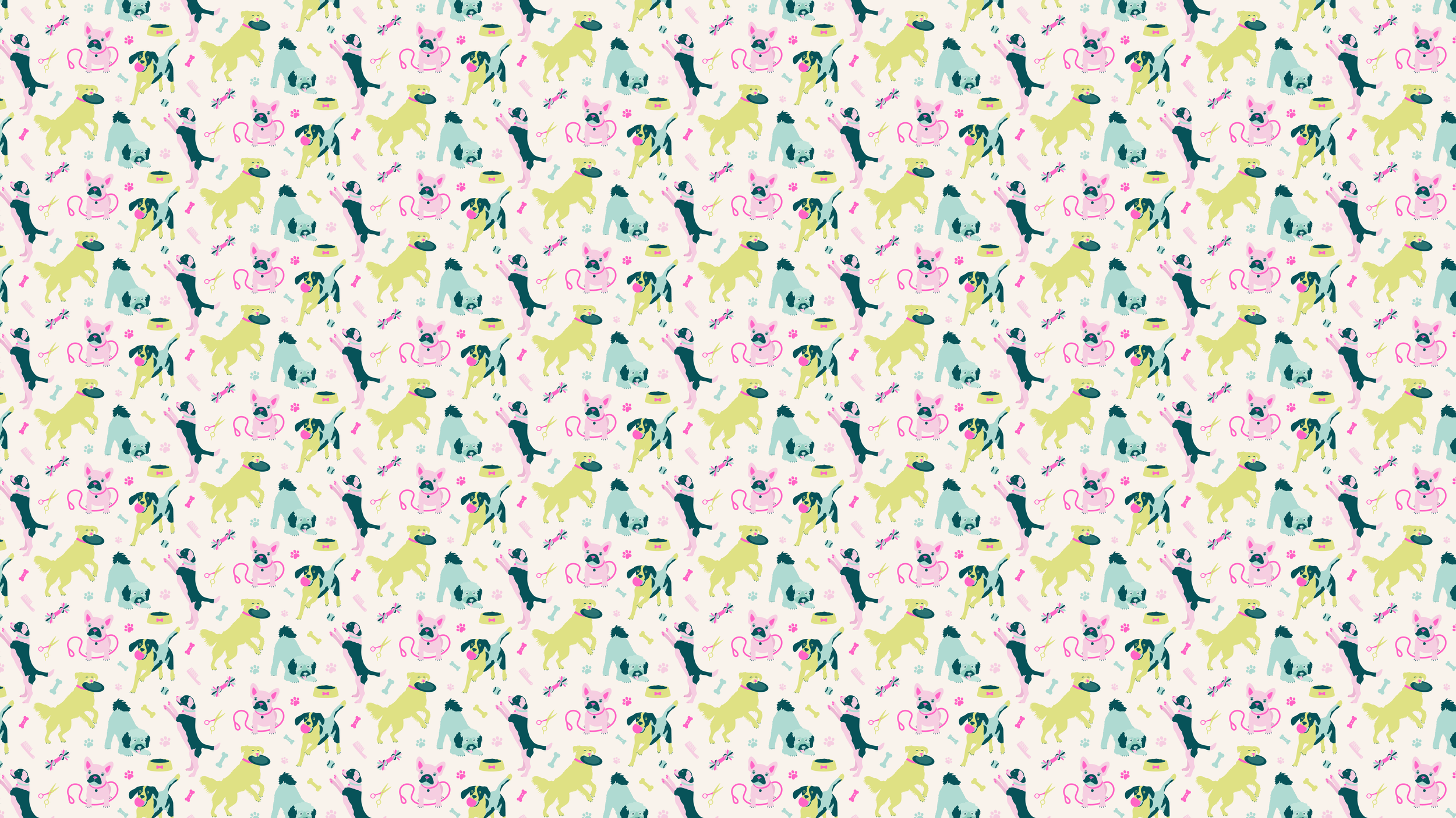 A pattern of various cartoon-style dogs and dog-related items in pastel colors on a white background.