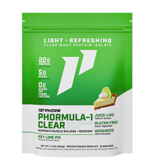 Green resealable bag of Phormula-1 Clear Whey Protein Powder with a Key Lime Pie flavor, showing a slice of key lime pie, and nutritional highlights including 22g protein, 5g BCAAs, 0g sugar, fat, carbs, and lactose, gluten-free and ultra-filtered.
