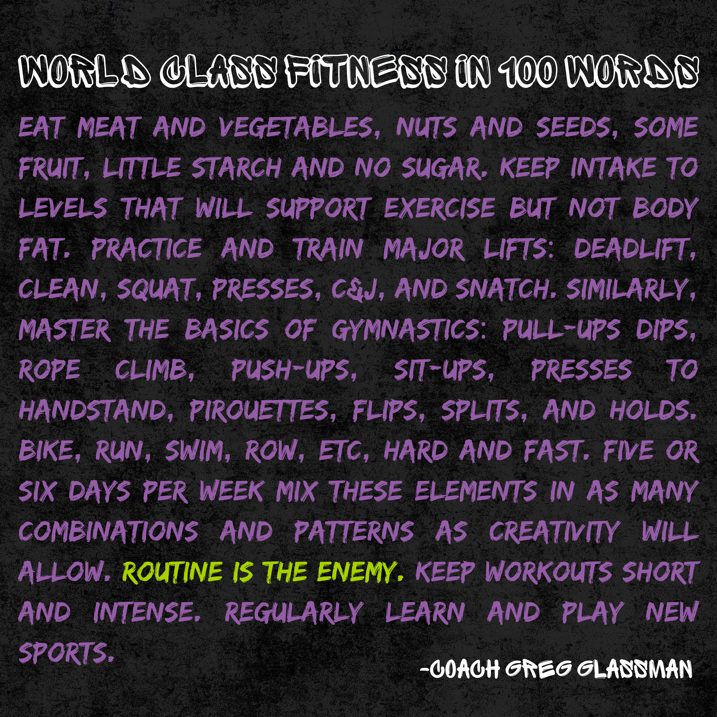 Text on a textured black background with a quote about CrossFit, attributed to Coach Greg Glassman.