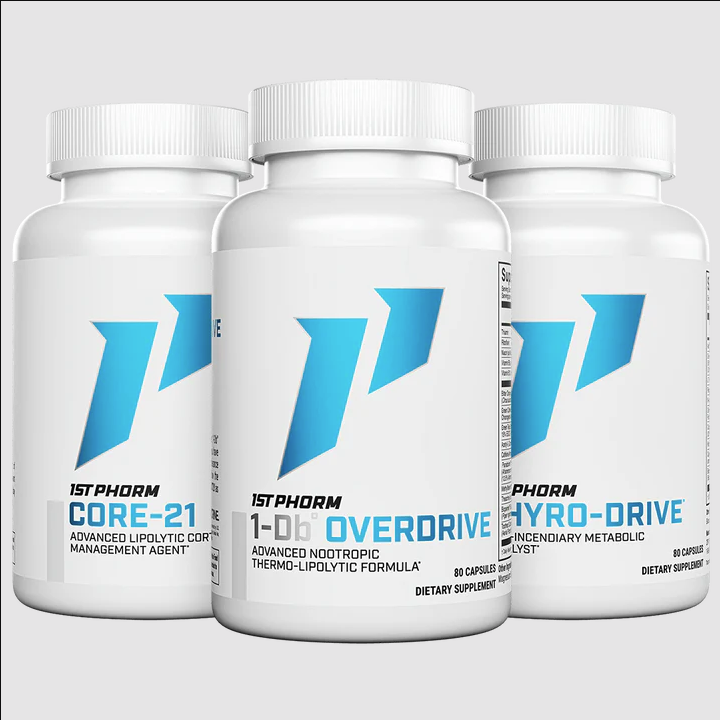 Three bottles of dietary supplements labeled 1st Phorm, with the middle bottle featuring '1-Db OVERDRIVE' and the two outer bottles labeled 'CORE-21' and 'HYRO-DRIVE'.