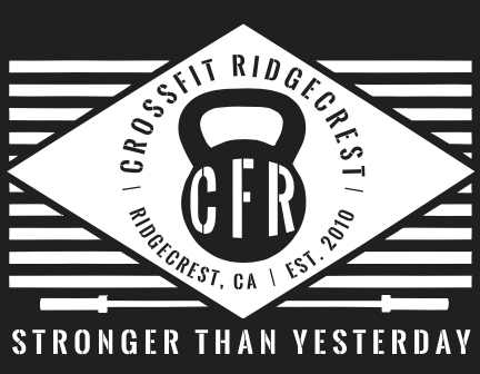 Logo for CrossFit Ridgecrest featuring a kettlebell in the center with the text 'CFR' inside, surrounded by the words 'CrossFit Ridgecrest, CA, Est. 2010' and the slogan 'Stronger Than Yesterday' at the bottom.