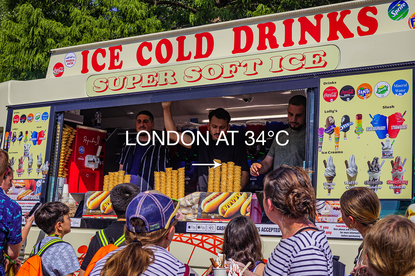 A food cart selling ice cold drinks, super soft ice, ice creams, and hot dogs, with a group of customers in front of it. The sign on top reads 'Ice Cold Drinks' and 'Super Soft Ice'. There is overlay text saying 'London at 34°C'.