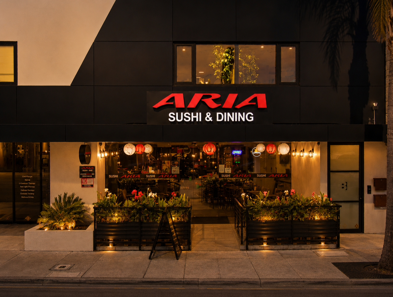 Exterior view of ARIA Sushi & Dining restaurant at night, with illuminated signage, decorative lanterns, and outdoor seating surrounded by plants.