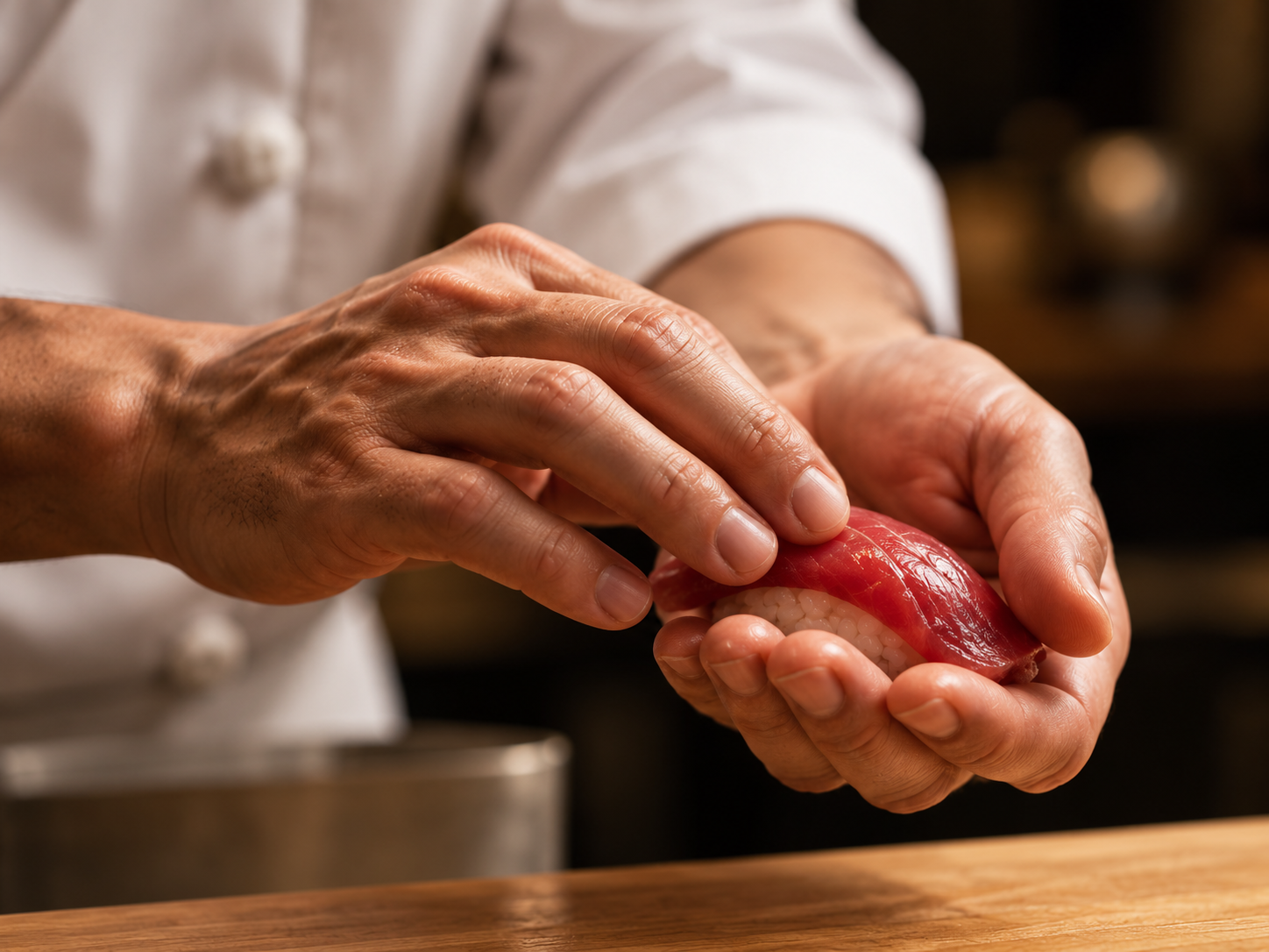 A person in a chef's uniform making sushi with sliced raw fish and rice.