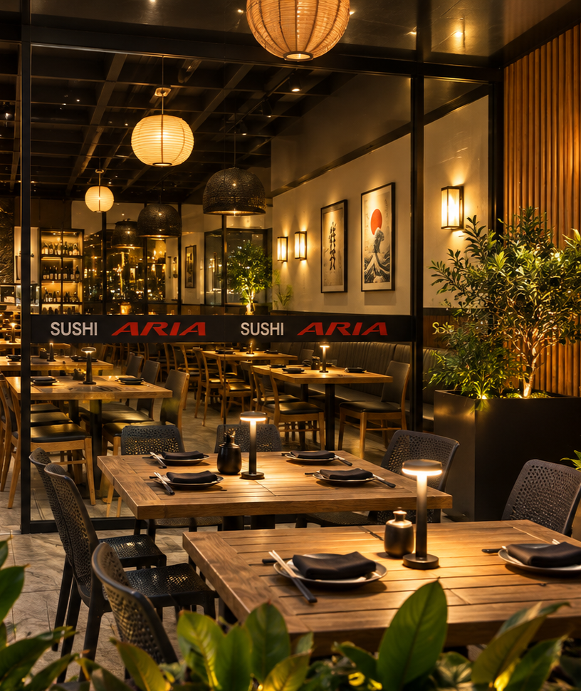 Indoor Japanese restaurant with wooden tables, black chairs, modern decor, warm lighting, and potted plants, seen through glass walls with sushi restaurant sign.