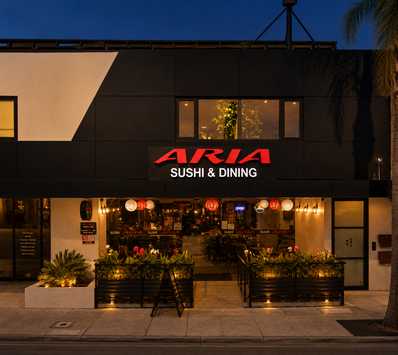 Front view of Aria Sushi & Dining restaurant's exterior at dusk, with illuminated signage, potted plants, and decorative lanterns.