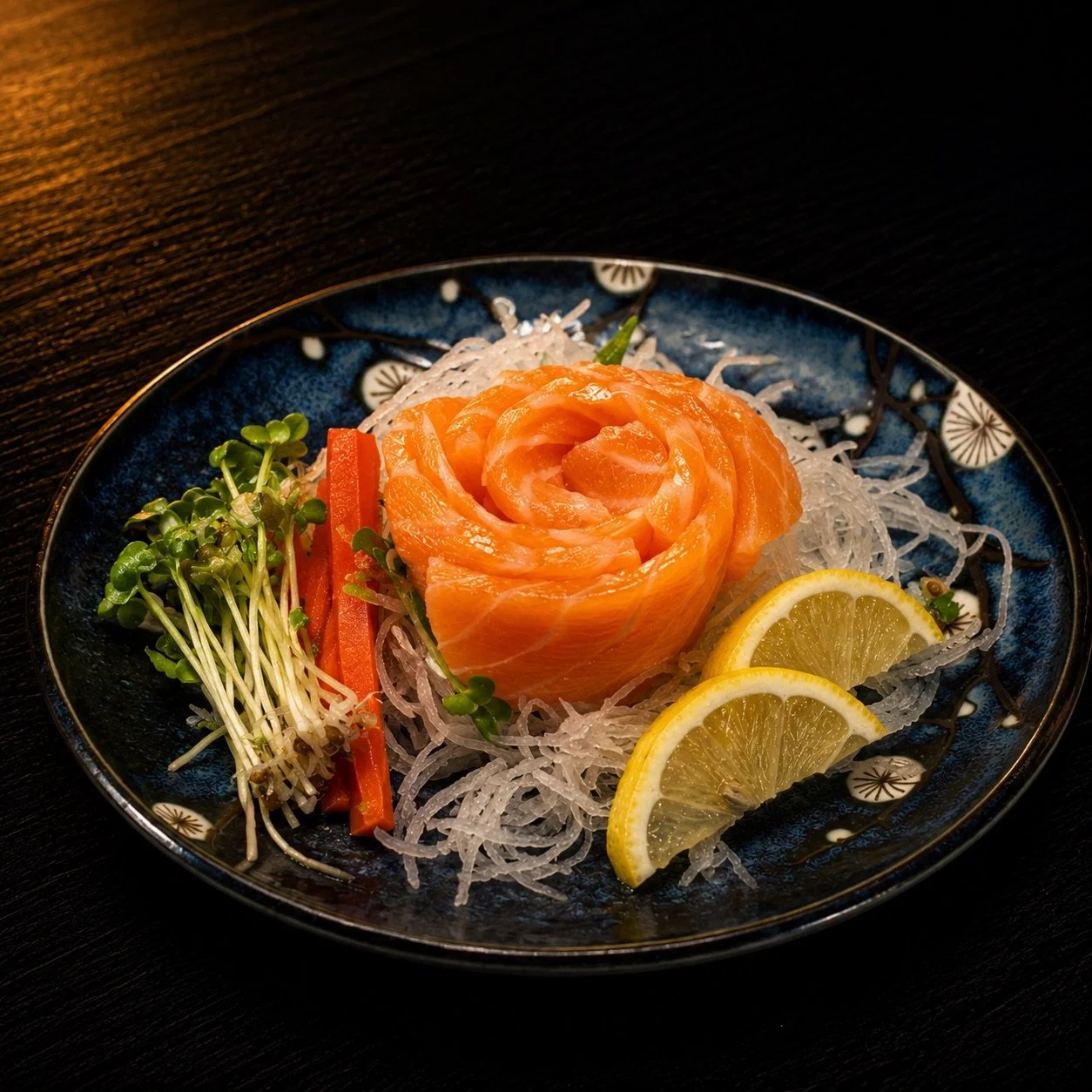 Plate of sashimi with salmon slices arranged in a rose shape, garnished with lemon slices, shredded daikon, microgreens, and carrot strips, served on a decorative blue plate.